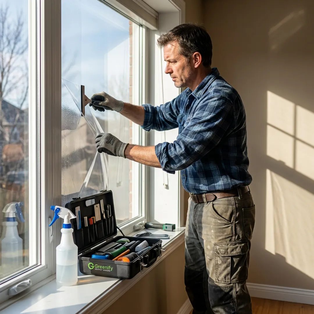 Technician installing residential window film