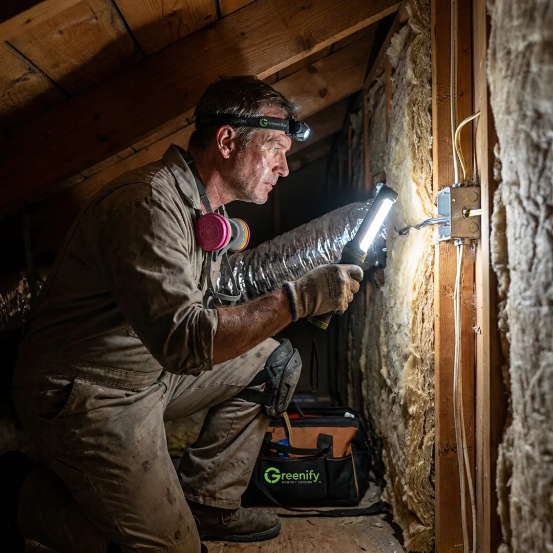 Technician inspecting attic air leaks