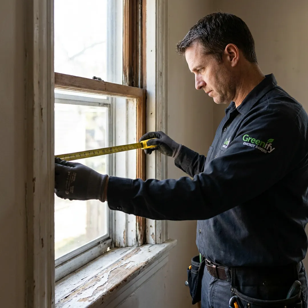 Technician measuring window opening for retrofit installation