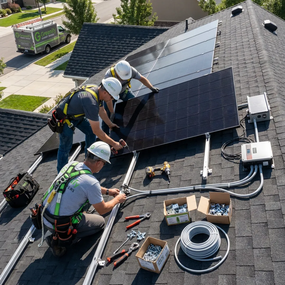 Solar installers working on a residential rooftop system