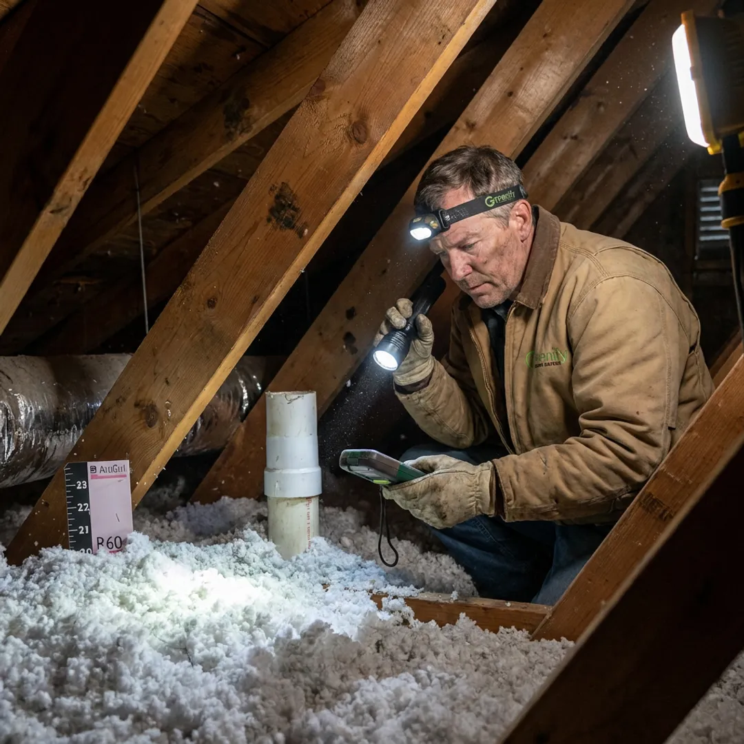 Technician inspecting attic insulation
