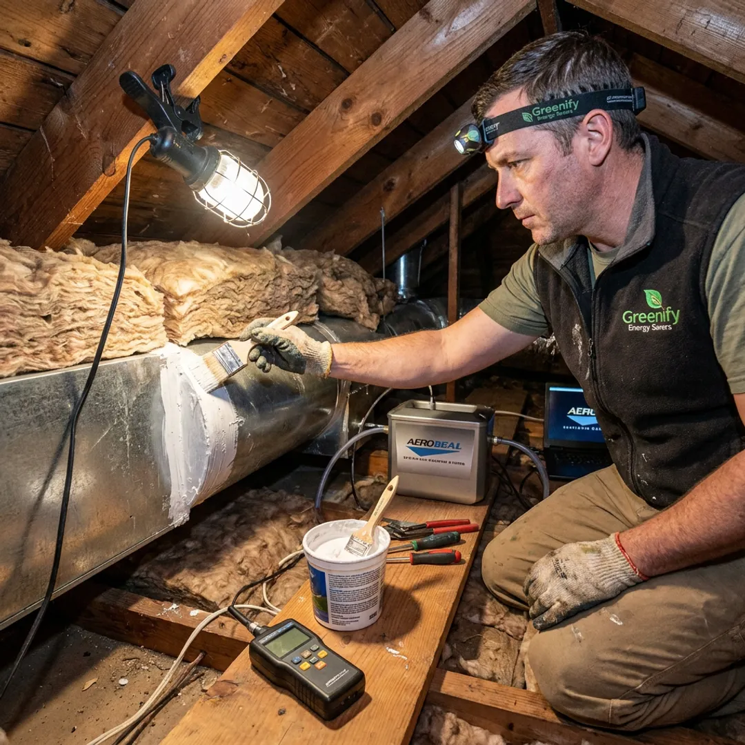 Technician sealing HVAC ductwork in an attic