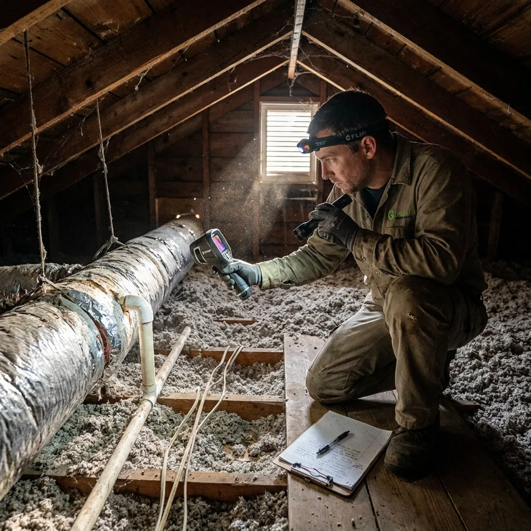 Home energy consultant inspecting attic insulation