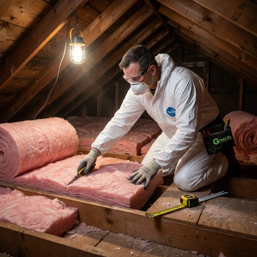 Contractor installing attic insulation