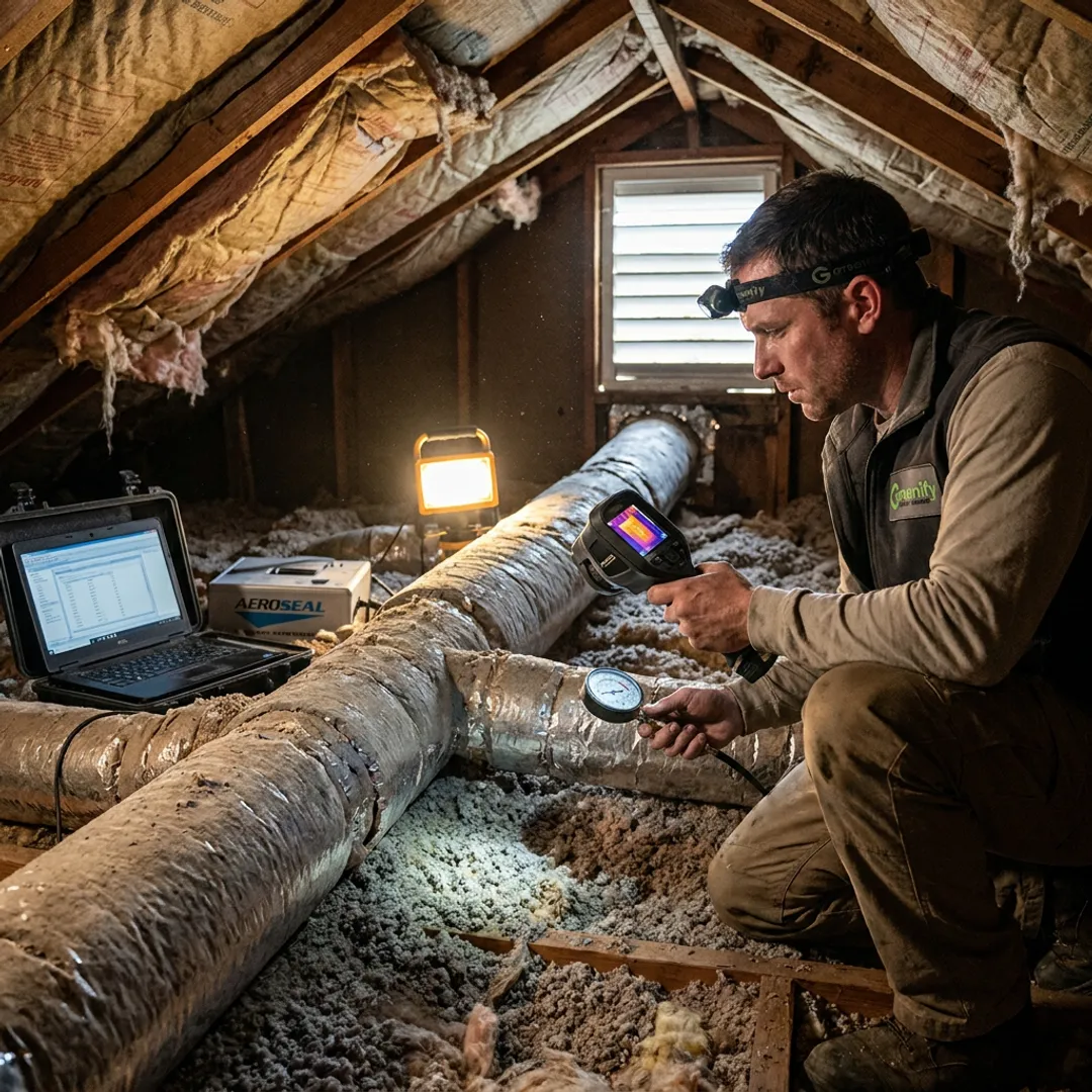 Technician inspecting attic insulation and home energy performance