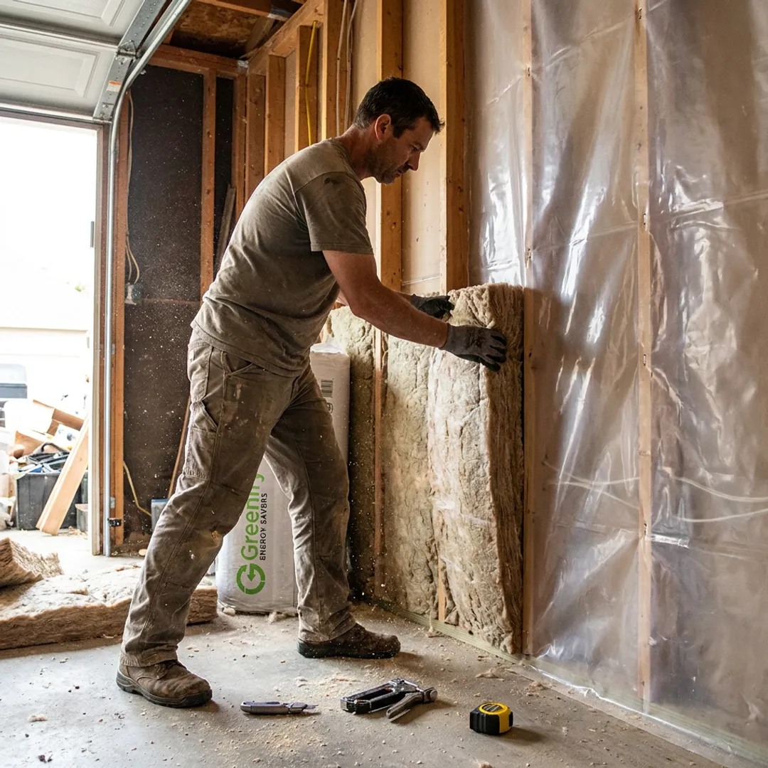 Contractor installing garage wall insulation
