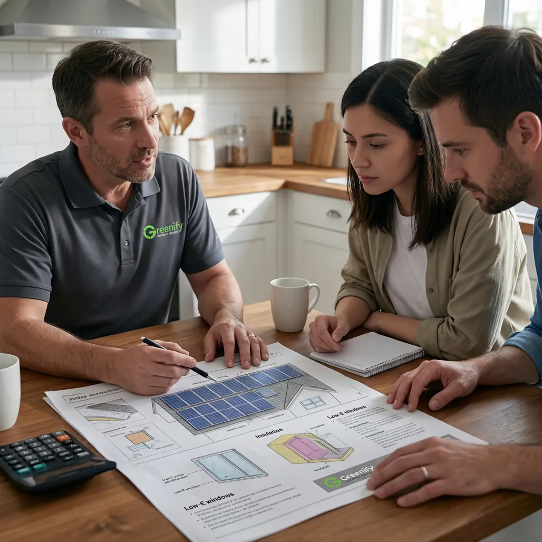 Technician reviewing green home upgrades with homeowners