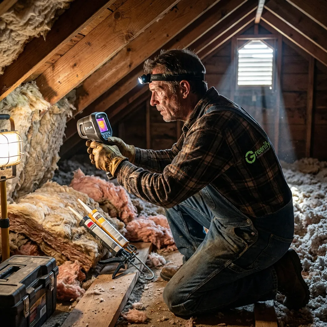 Energy specialist inspecting attic insulation