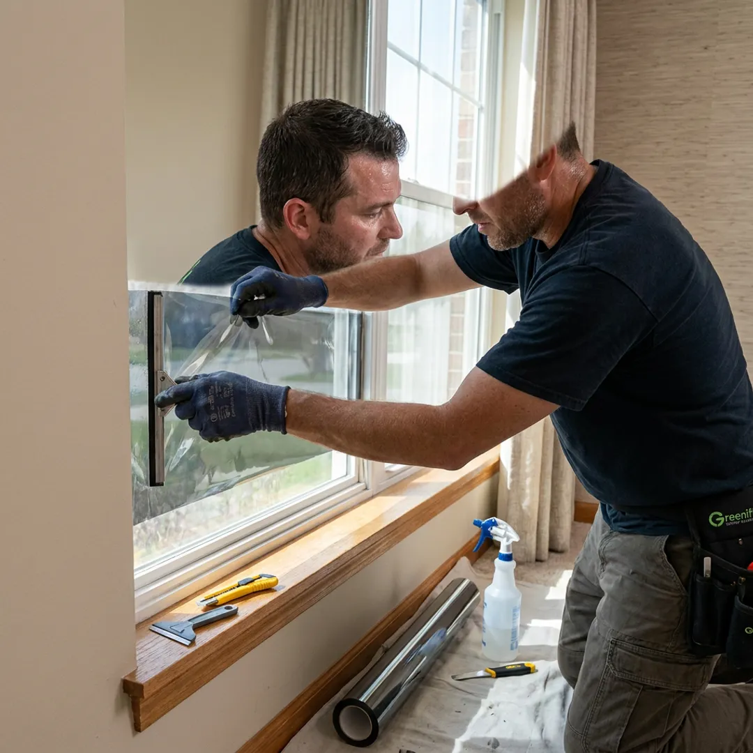 Technician applying window film to a home window