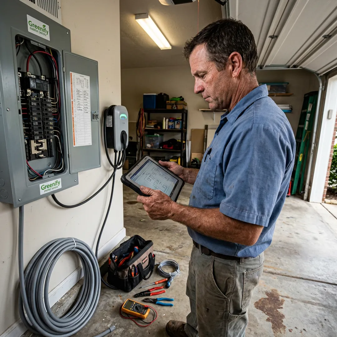 Technician planning EV charger installation near garage panel