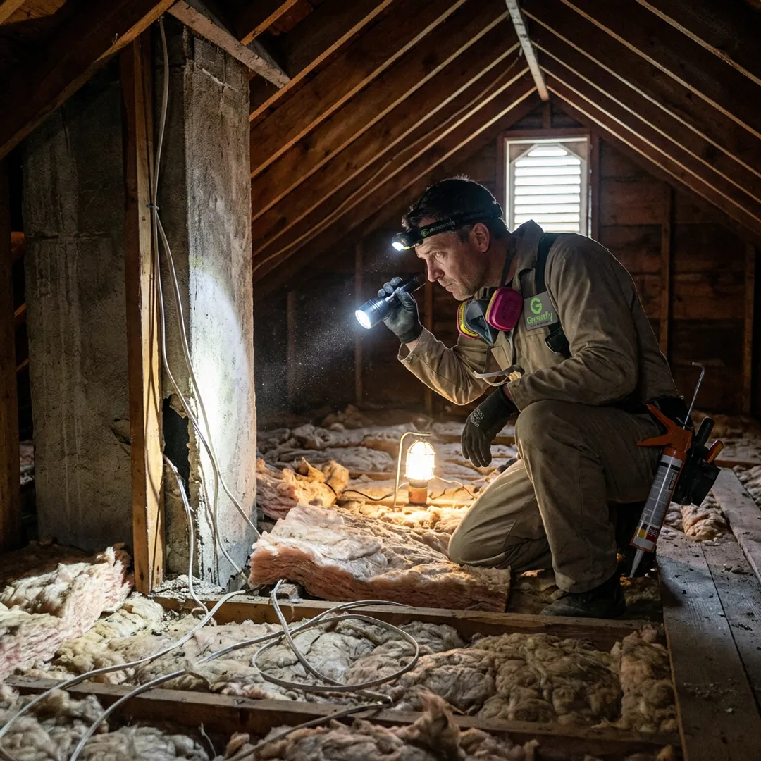 Contractor inspecting attic insulation