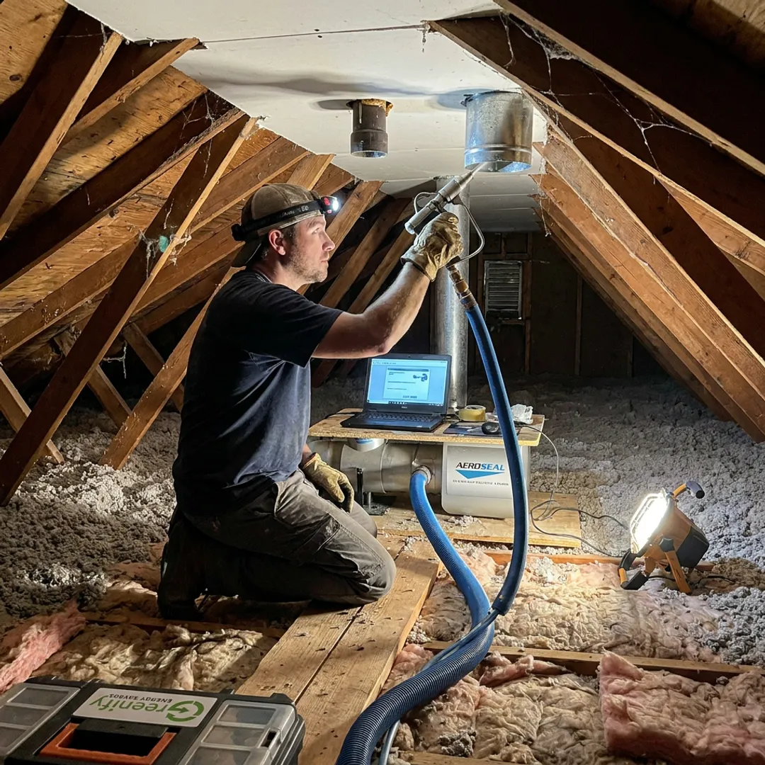 Technician sealing attic air leaks