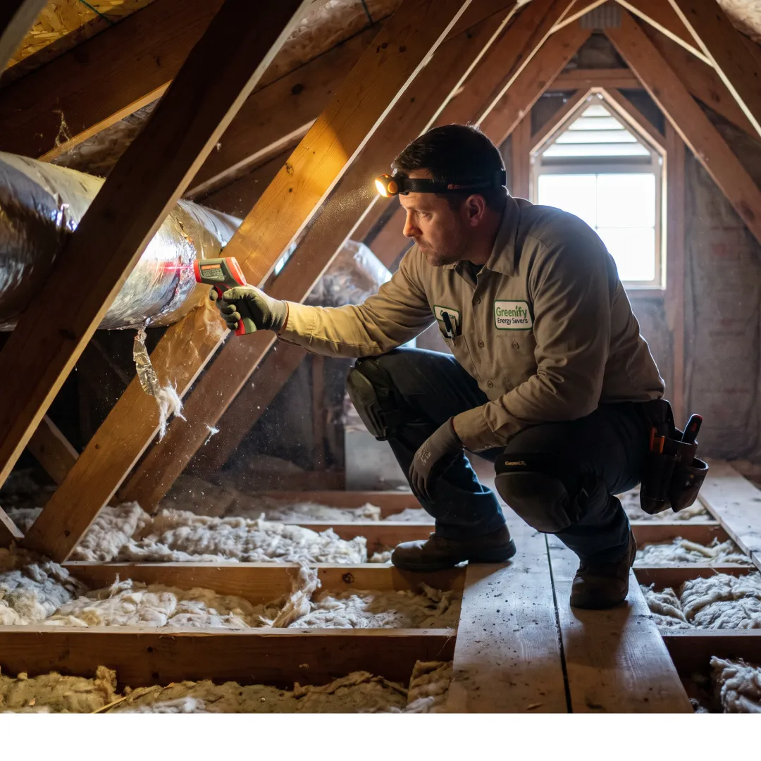 Contractor inspecting attic insulation