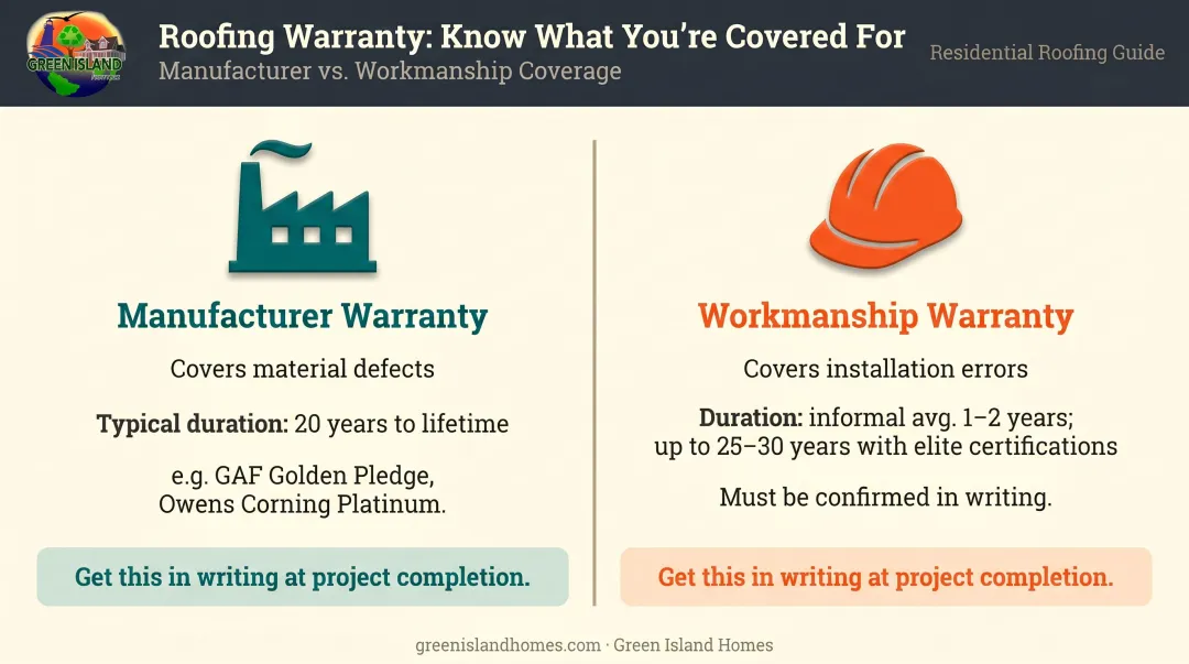 Roofing warranty comparison manufacturer materials coverage versus contractor workmanship warranty
