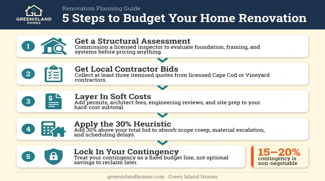 5-step realistic home addition budgeting process flow for Cape Cod homeowners