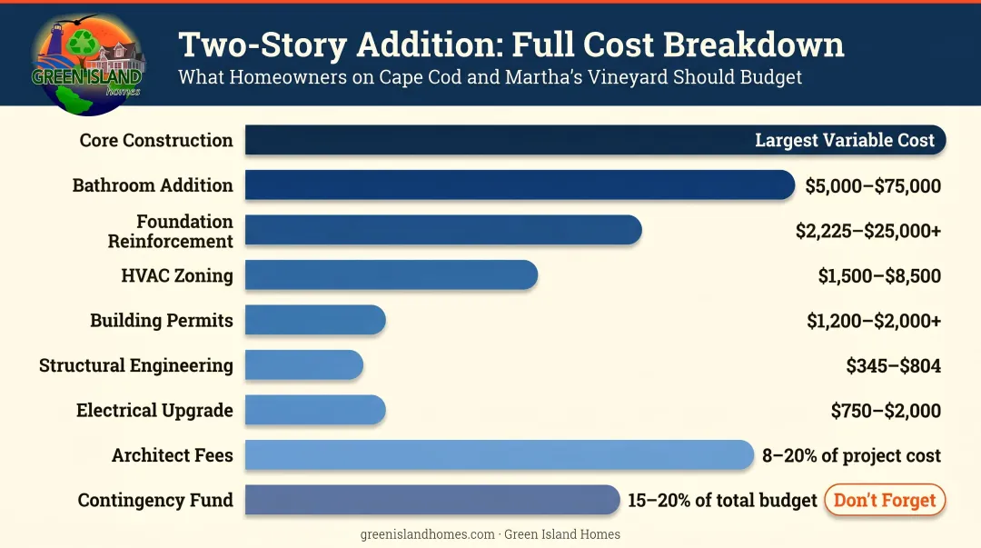Complete two-story home addition budget breakdown by cost category infographic