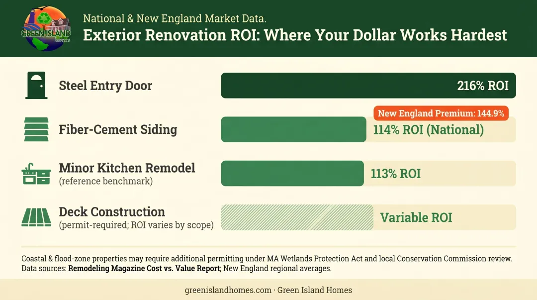 Exterior renovation ROI comparison chart siding roofing deck and entry door returns