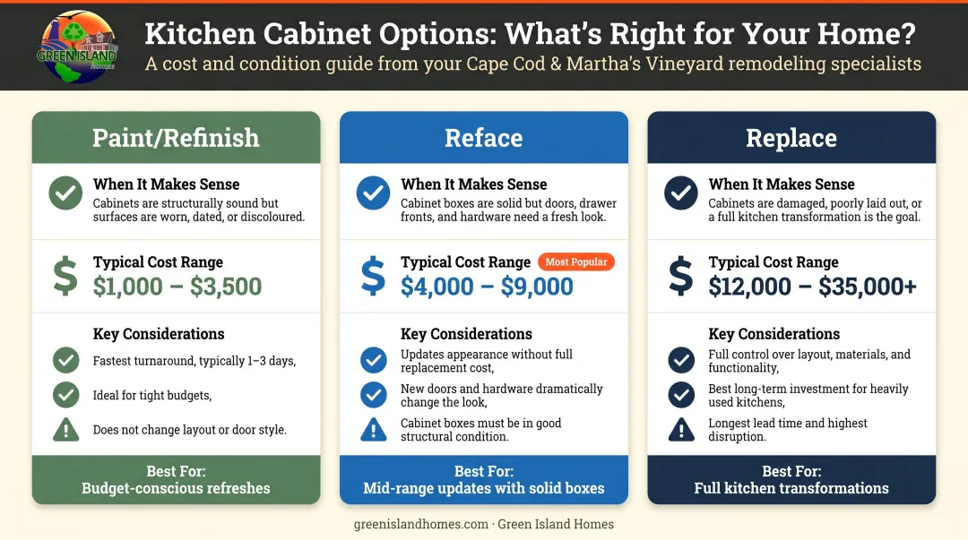 Kitchen cabinet paint versus reface versus replace cost and decision comparison chart
