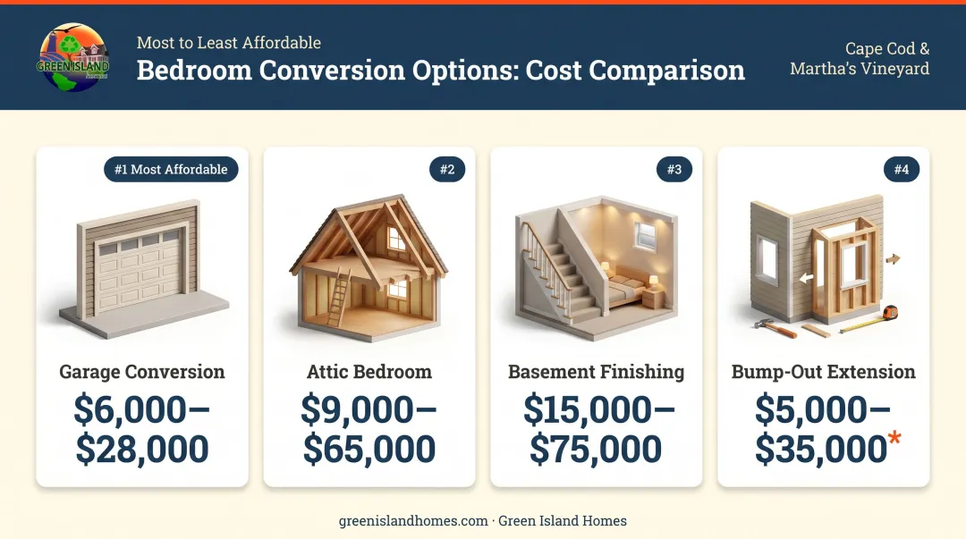 Four bedroom conversion types cost comparison chart garage attic basement bump-out