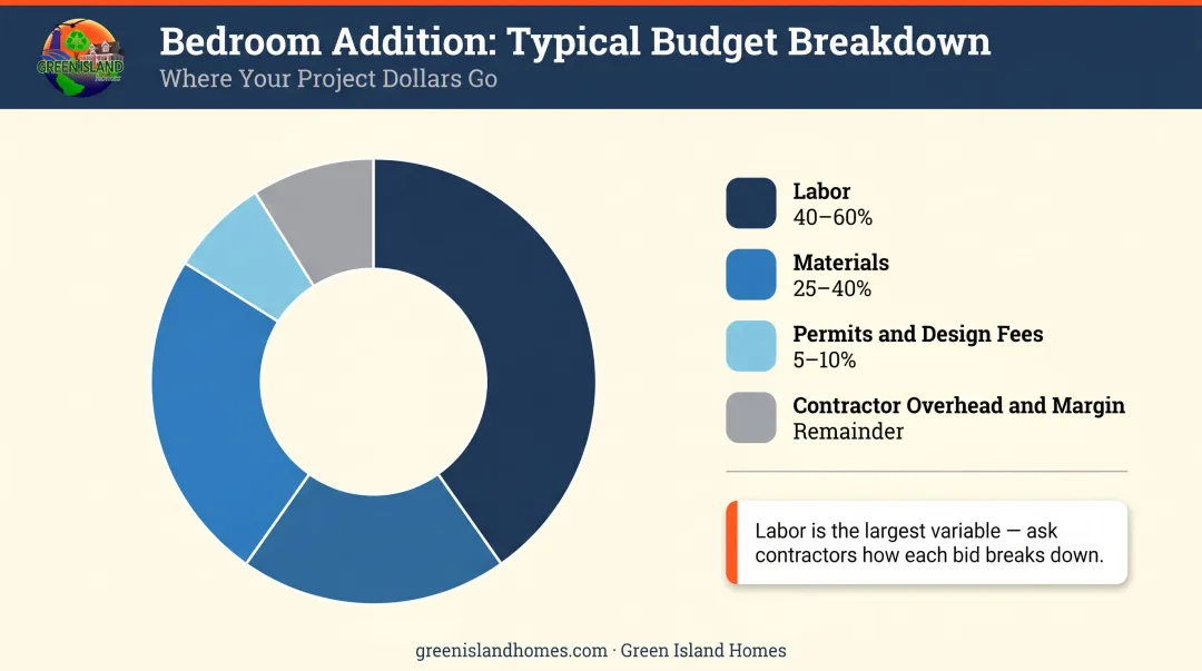 Bedroom addition budget breakdown pie chart showing labor materials permits contractor costs