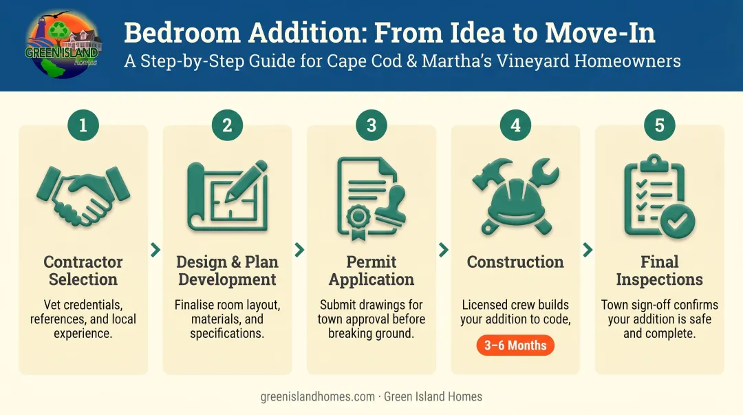 Five-step bedroom addition planning process from contractor selection to final inspection