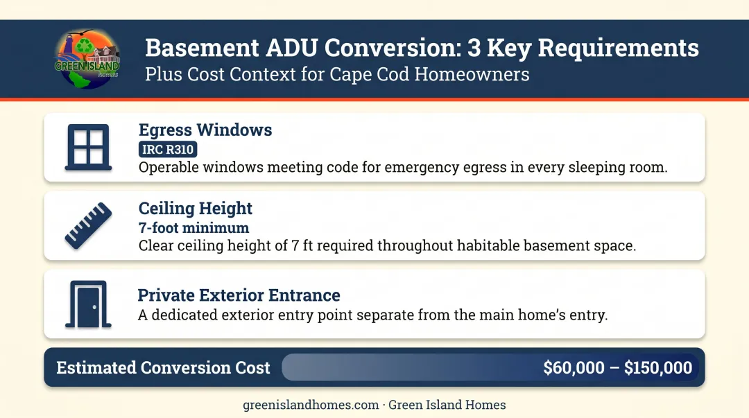 Basement ADU conversion requirements and cost range breakdown infographic