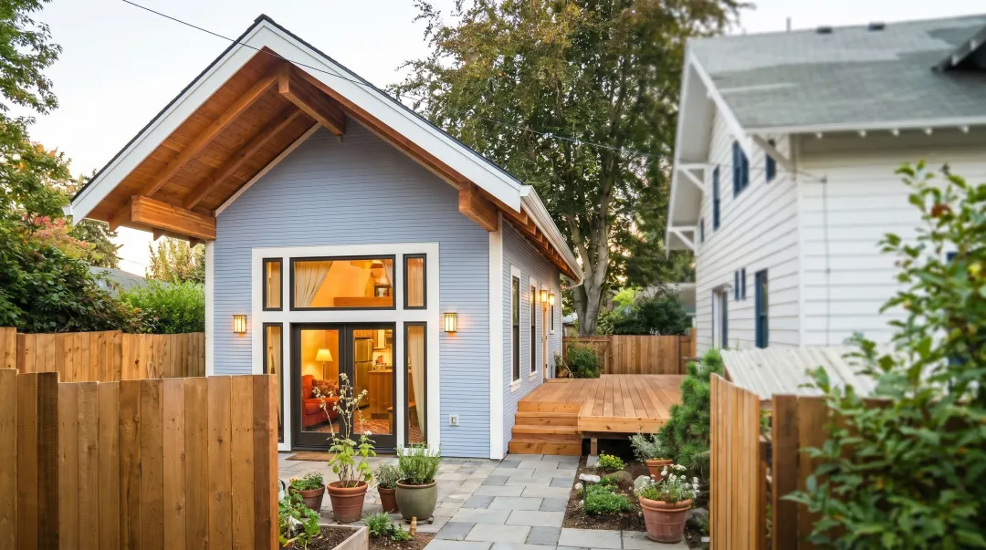Detached backyard ADU cottage on residential property with landscaping