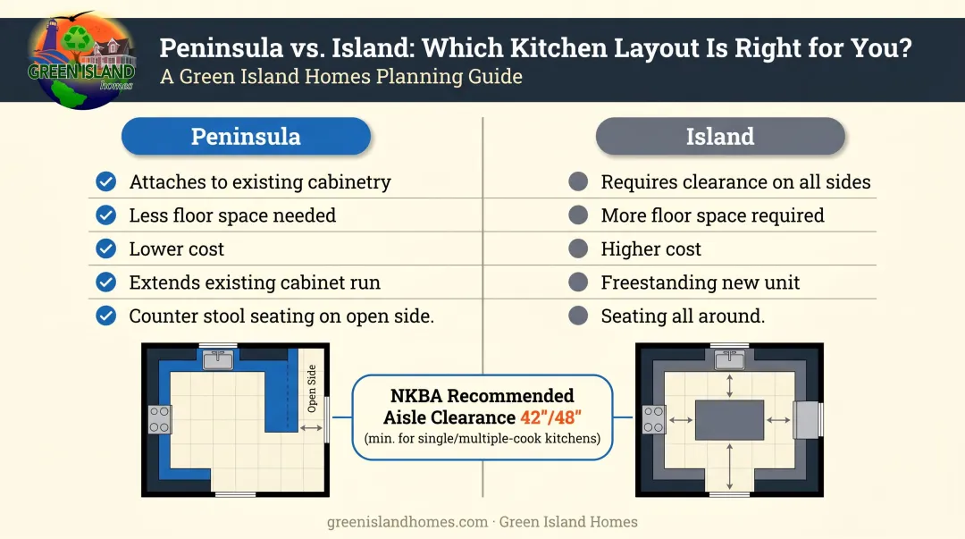 Peninsula versus island comparison chart for small Cape Cod kitchen layouts