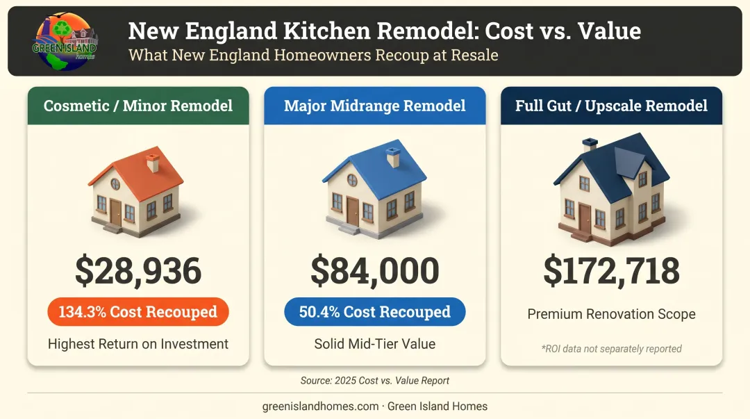 New England kitchen remodel cost tiers from cosmetic refresh to full gut renovation