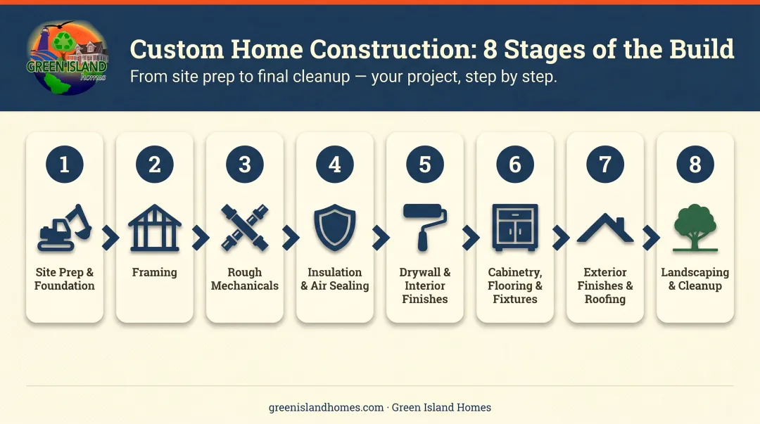 8-stage custom home construction sequence from site prep to final landscaping process flow
