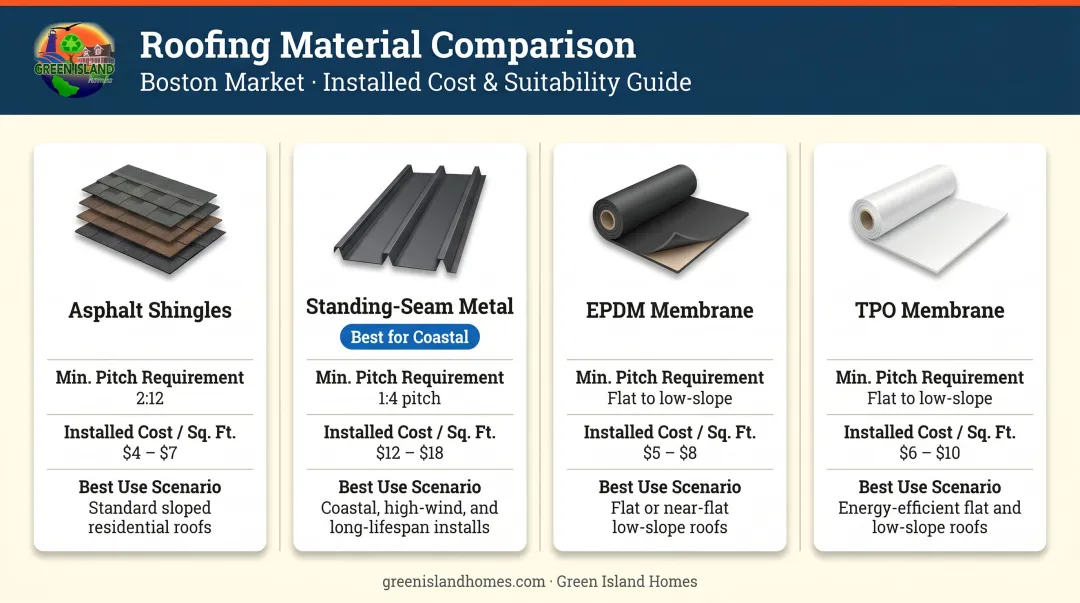 Four roofing materials cost and pitch comparison chart for coastal home additions
