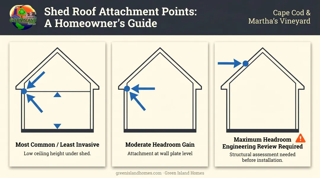 Three shed roof attachment points showing ceiling height and structural complexity comparison
