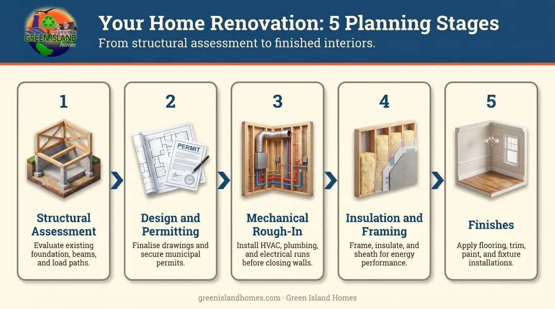5-step above-garage master suite planning sequence from assessment to finishes