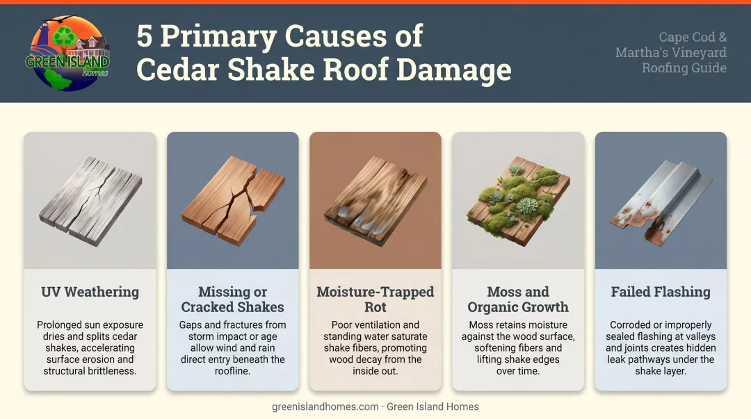 Five common cedar shake roof failure causes illustrated infographic