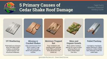 Five common cedar shake roof failure causes illustrated infographic
