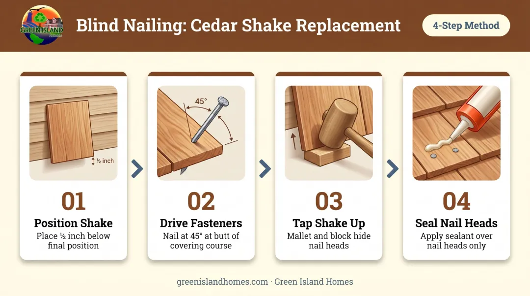 Four-step blind nailing cedar shake replacement technique process diagram