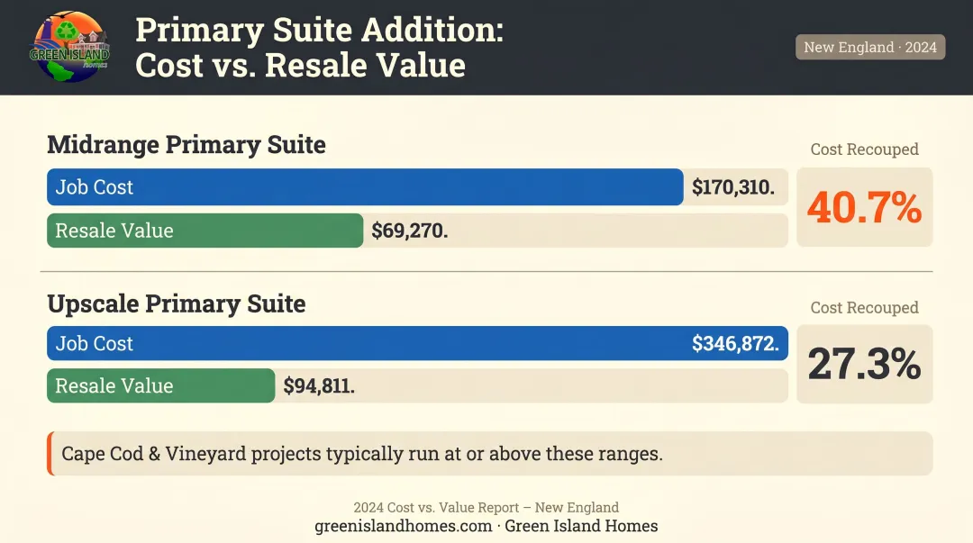 New England primary suite addition cost versus resale value comparison chart 2024