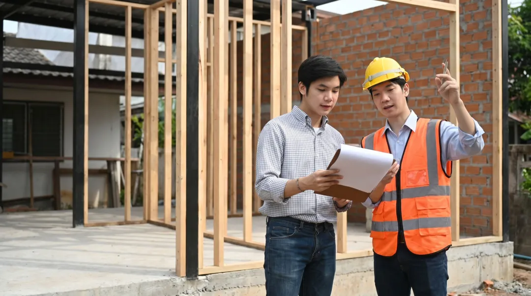 Licensed Massachusetts contractor reviewing building plans on residential construction site