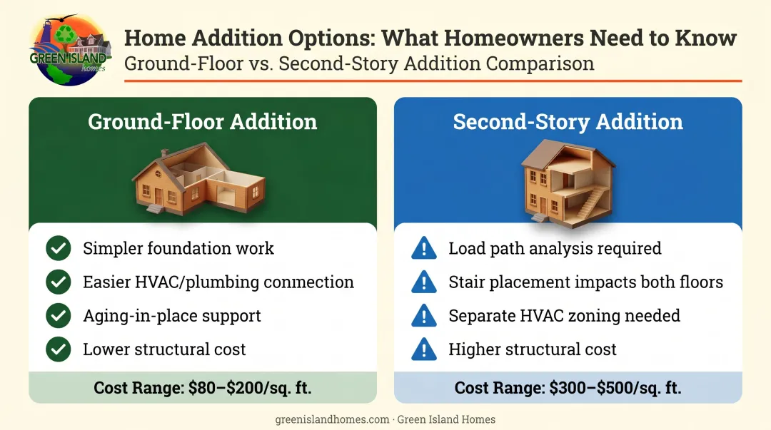 Ground floor versus second story addition cost and complexity comparison infographic