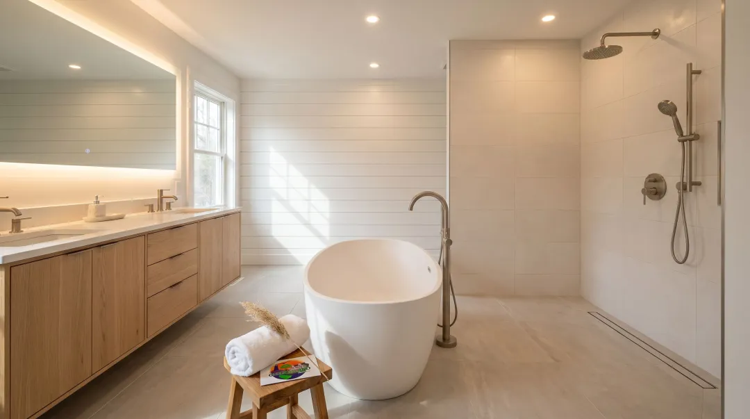 Luxury ensuite spa bathroom with walk-in shower heated floors and layered lighting