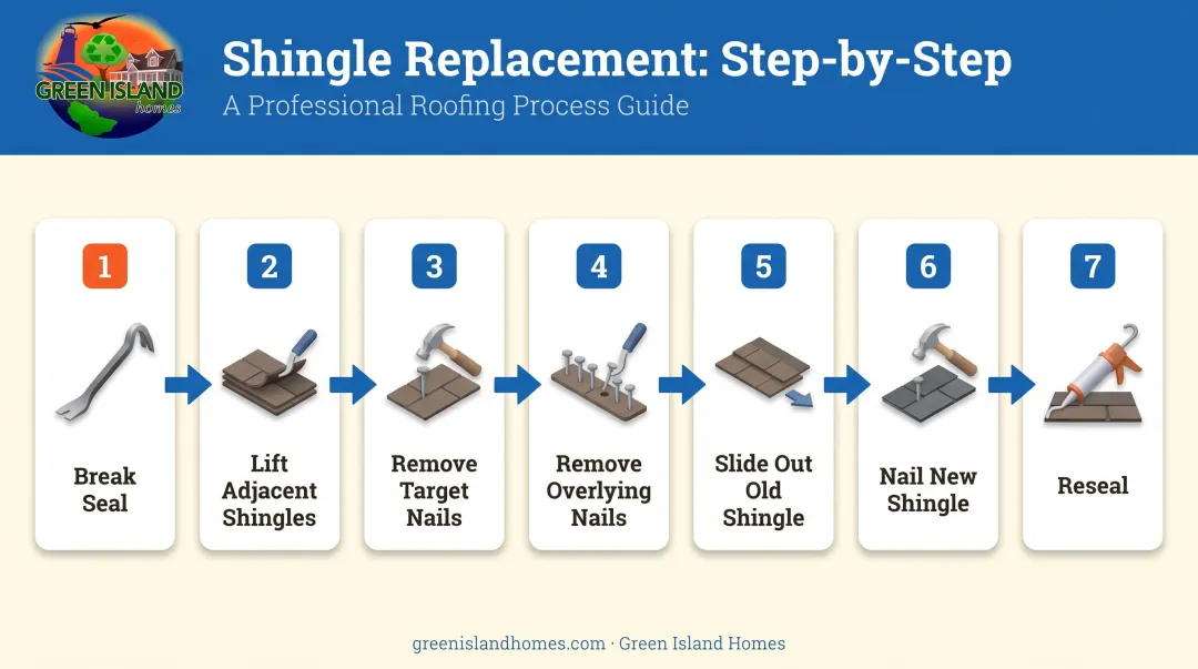 7-step missing shingle replacement process flow diagram with tools