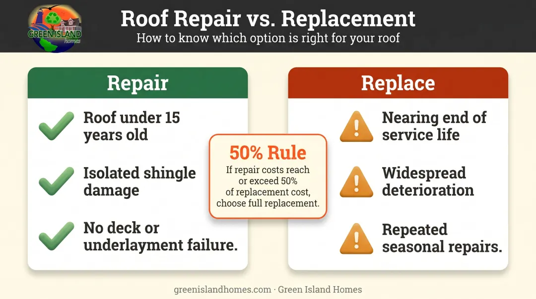 Roof repair versus full replacement decision comparison chart with cost benchmarks