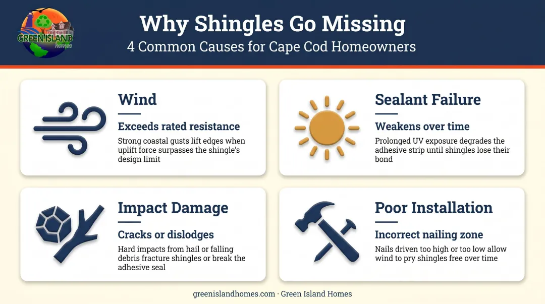 Four common causes of missing roof shingles illustrated process infographic