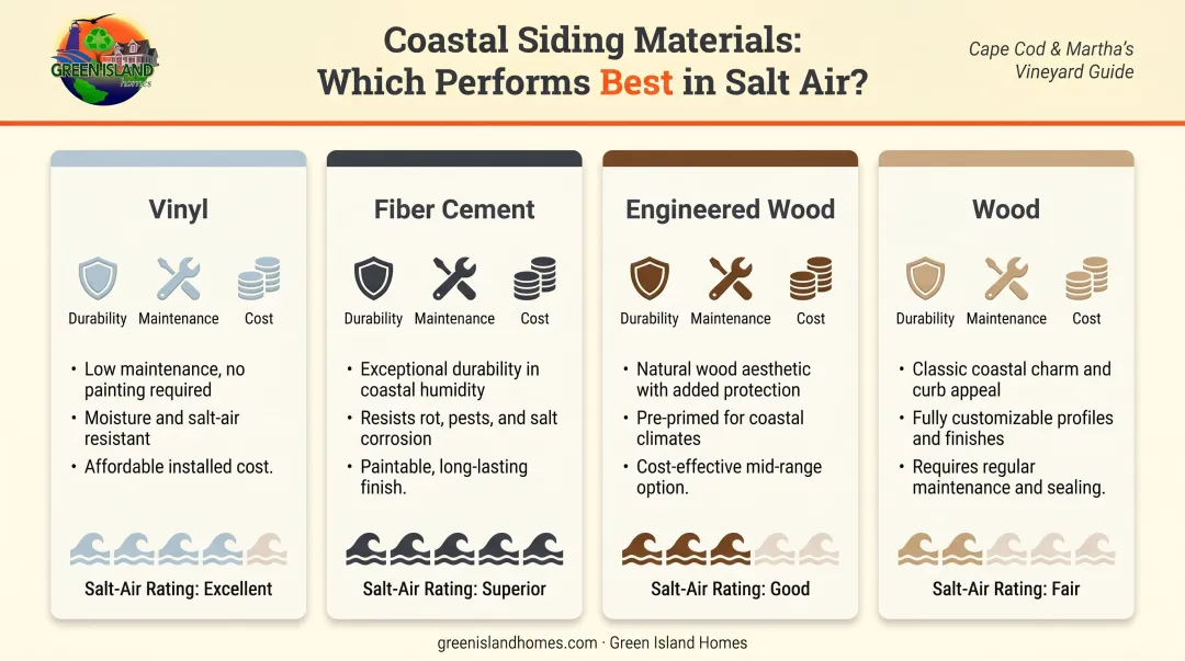 Four siding materials comparison chart with coastal performance ratings