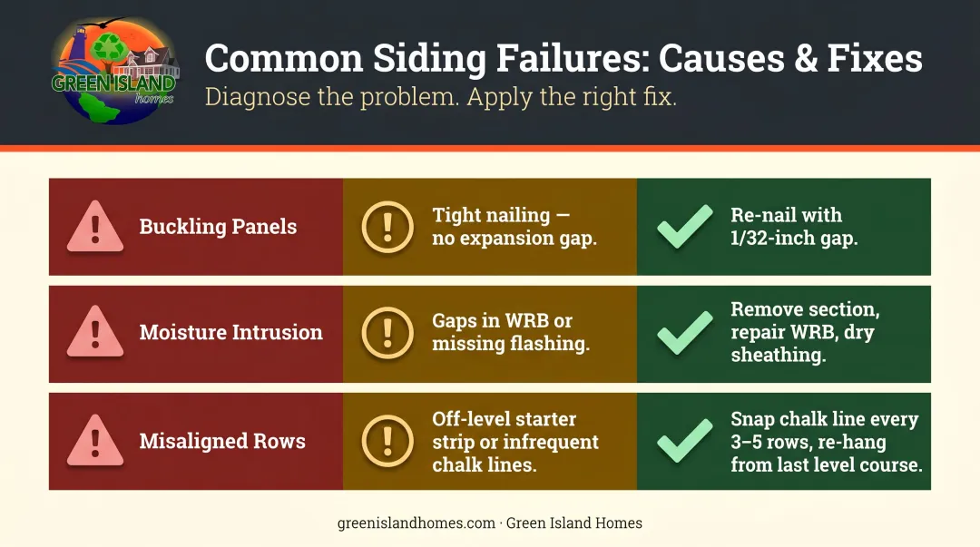 Three common siding installation problems causes and repair solutions infographic