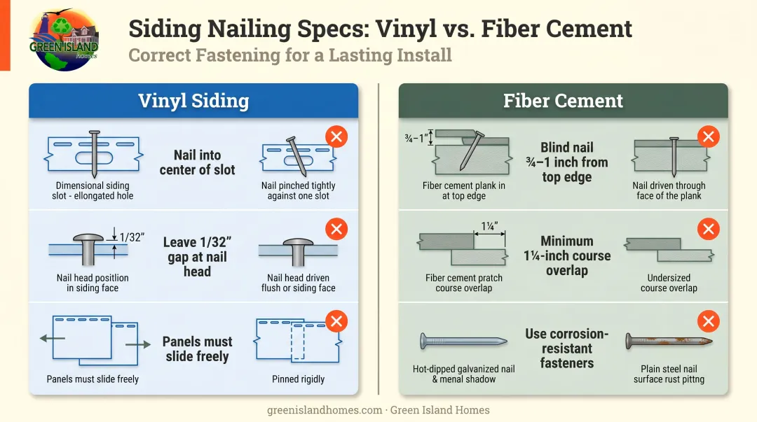 Vinyl versus fiber cement siding nailing specification comparison side-by-side infographic