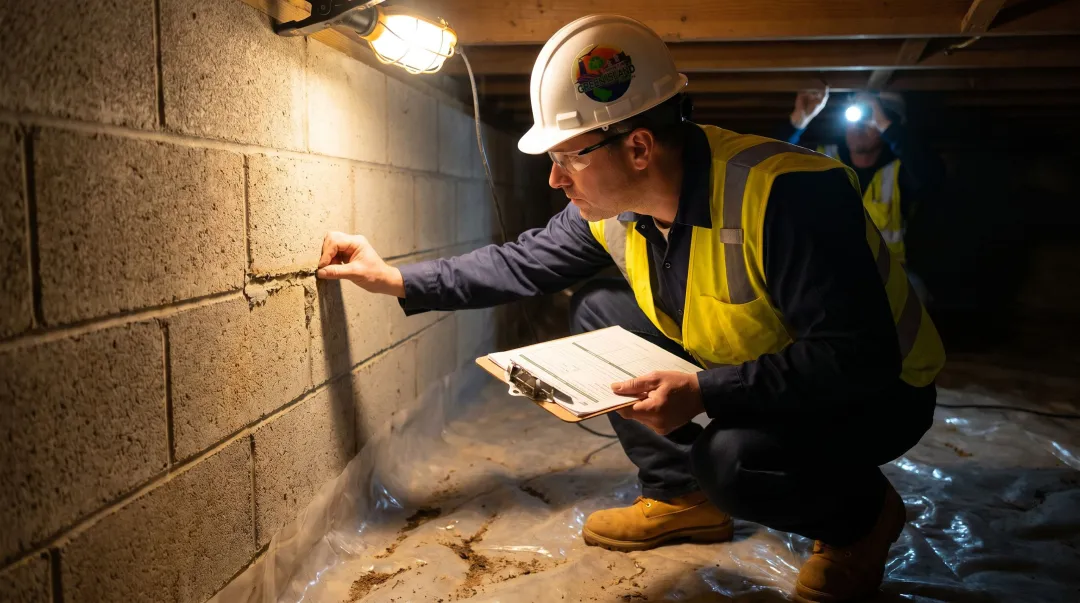 Structural engineer inspecting residential home foundation and floor framing