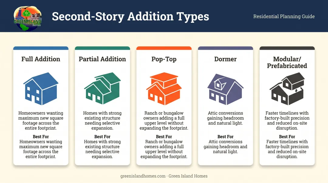 Five second-story addition types comparison chart with costs and best uses