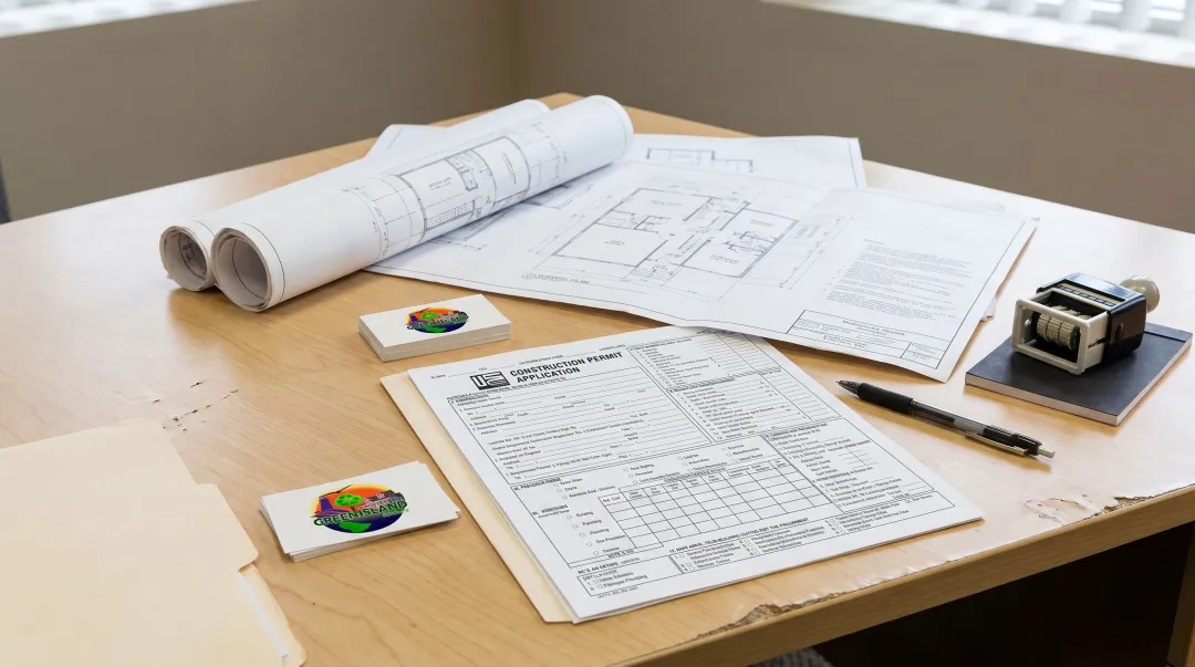 Massachusetts building permit application desk with official permit documents and blueprints