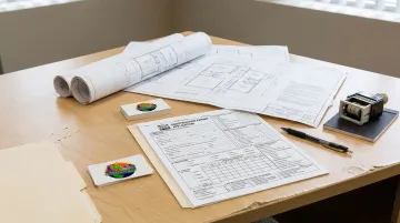 Massachusetts building permit application desk with official permit documents and blueprints